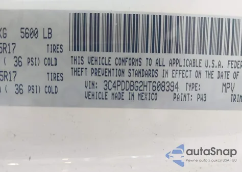 2017 Dodge Journey Sxt Awd z USA, uszkodzony, nr VIN 3C4PDDBG2HT608394